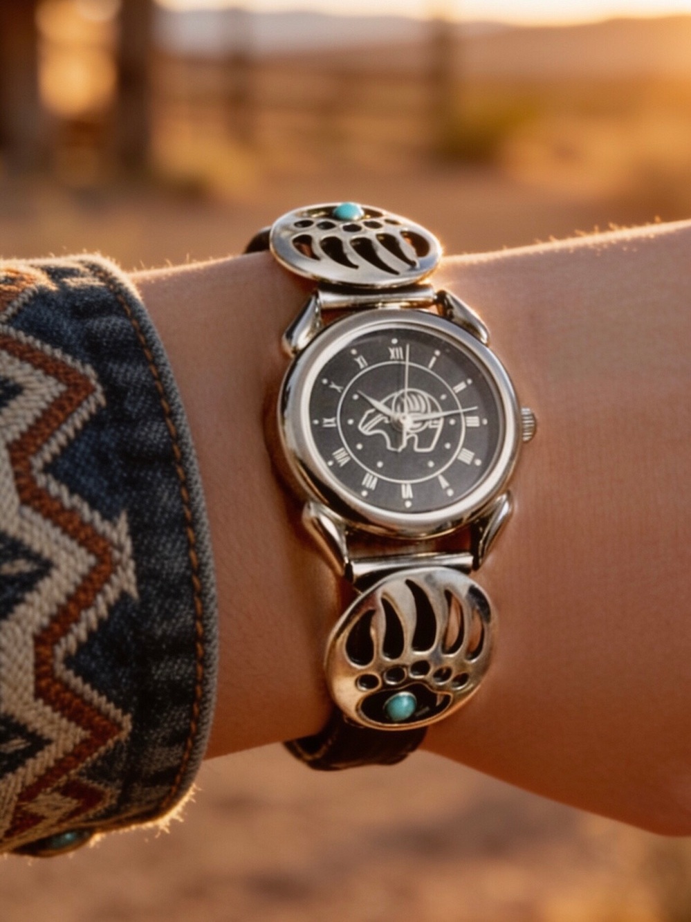 Silver/Turquoise Bear Paw Tips With Silver/Black Spirit Bear Watch For Women